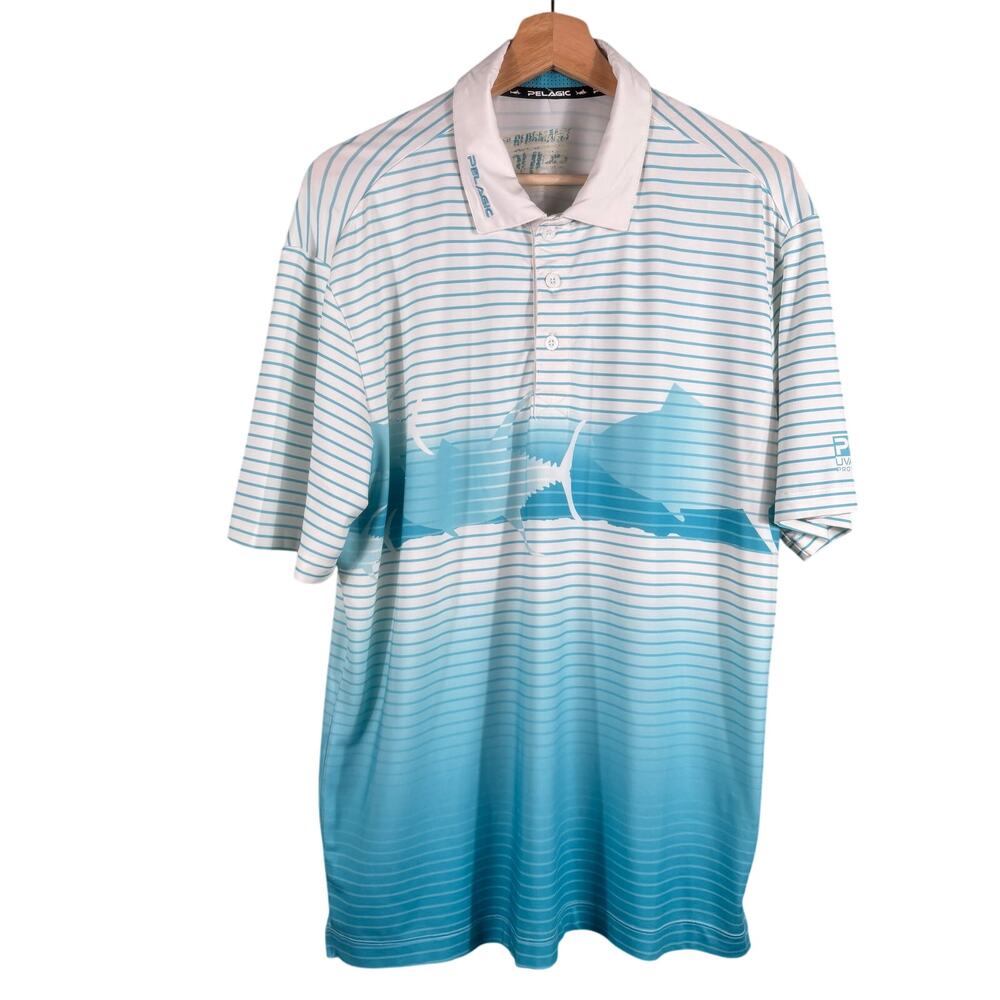 Pelagic Polo Shirt Men's Size Medium White Blue UVA/UVB Tuna Fishing Performance